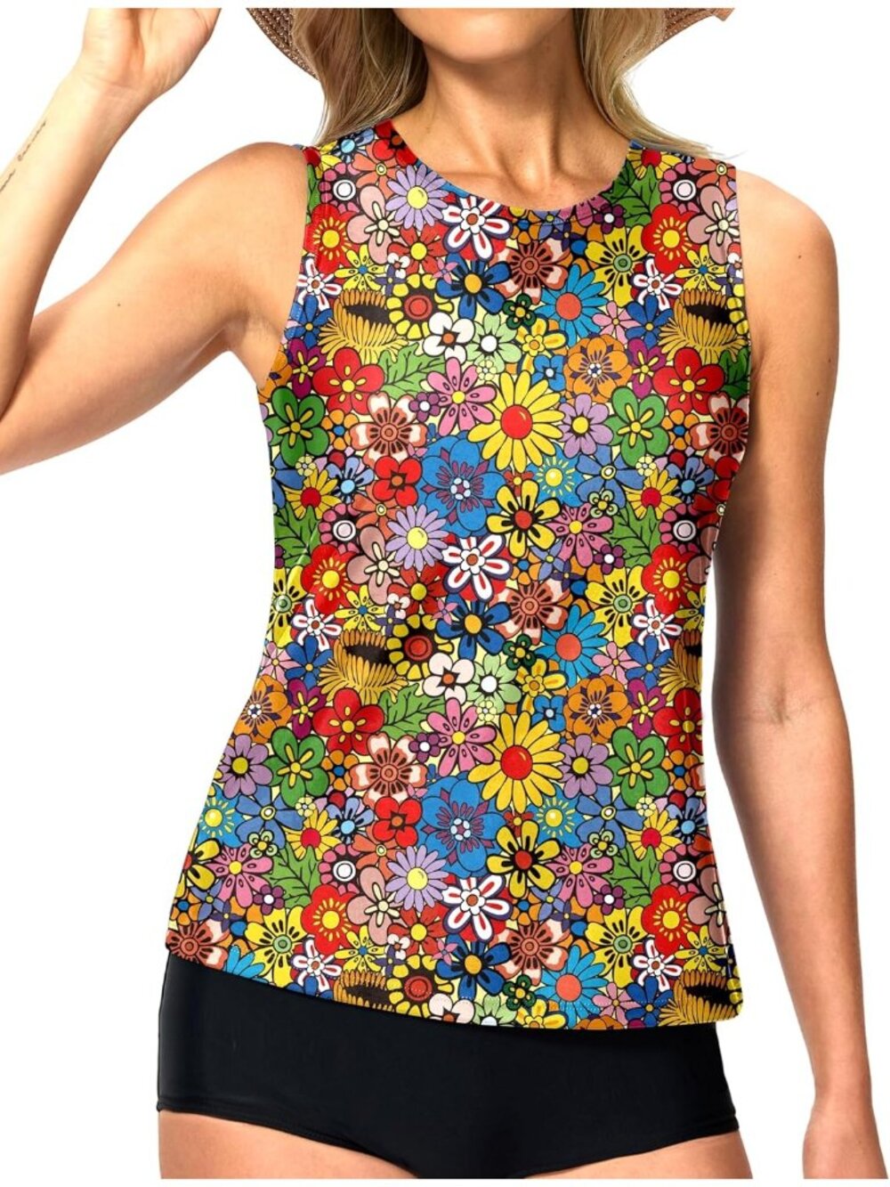 Women's Multi High Neck Tanking Tops Modest Swim Shirts with Bra Bathing Suit